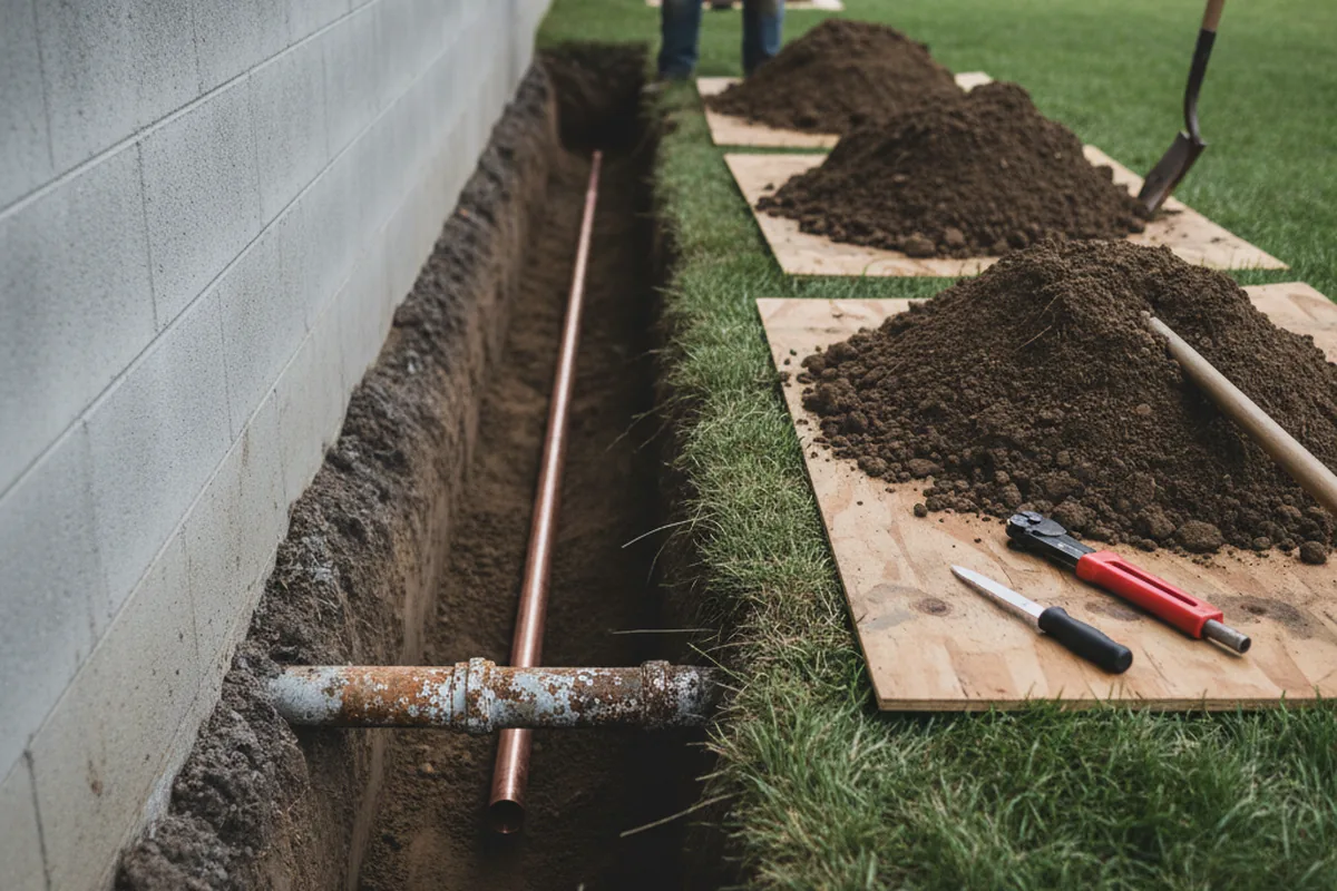 Excavated water line trench during Sewer Line Repair in Arlington Heights